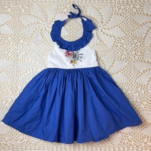 The Fancy Feather Baby Girl 4t Blue Hand Embroidered Fireworks Halter Dress